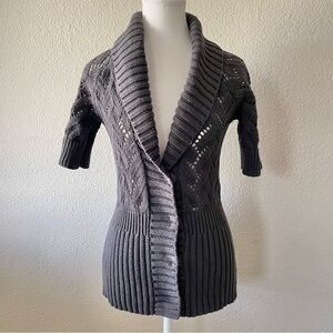 Eddie Bauer Shawl Collar Knit Cardigan Sweater Women’s M Gray Short Sleeve Y2K